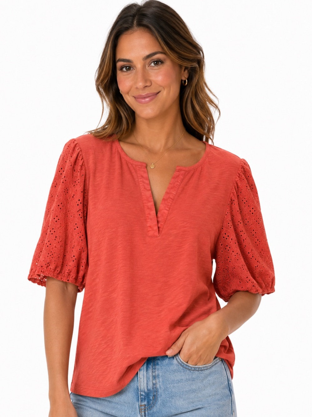 Dolan Anthropologie Coral Eyelet Puff Sleeve Blouse size XL